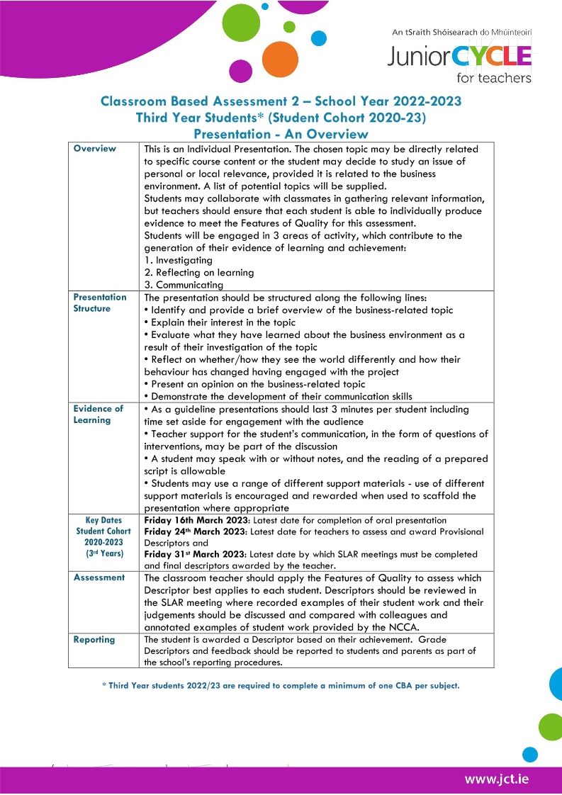Classroom Based Assessment 2 Overview 2022/23