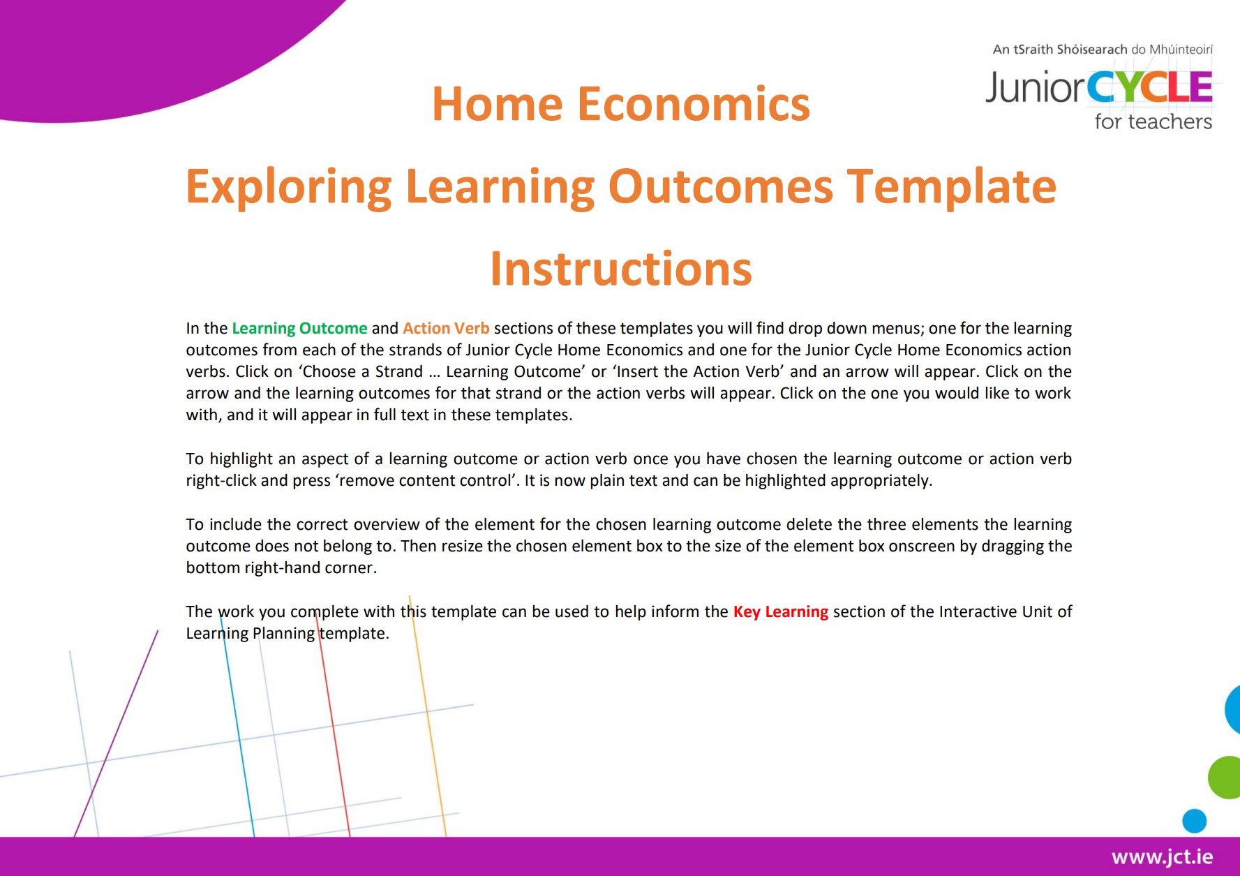 Home Economics Exploring Learning Outcomes Template Instructions