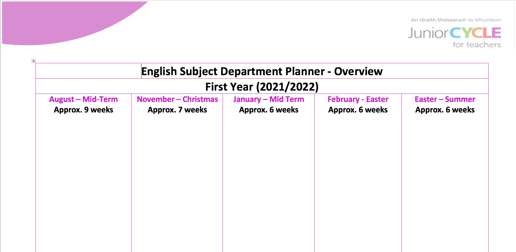 English Subject Department Planner for 1st Year (2021-2022)