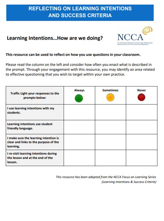 Reflecting on Learning Intentions and Success Criteria