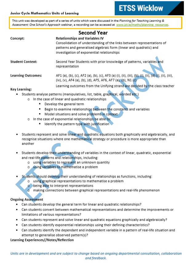 Relationships and Variables Unit of Learning 4 of 6 PDF
