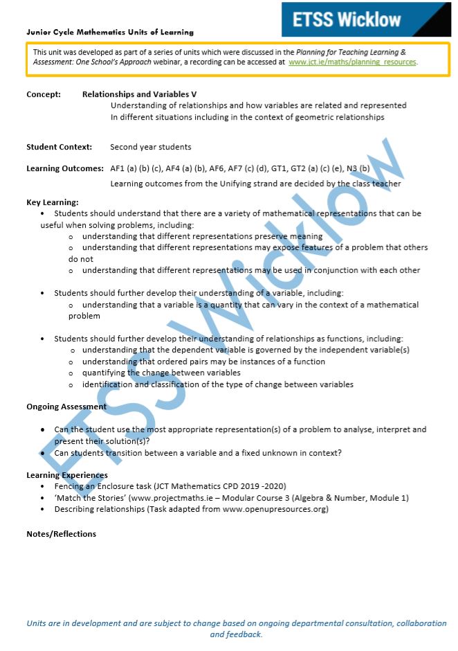 Relationships and Variables Unit of Learning 5 of 6 PDF