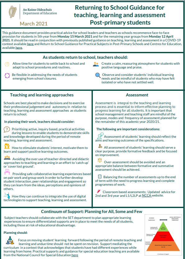 Returning to School Guidance for Teaching, Learning and Assessment