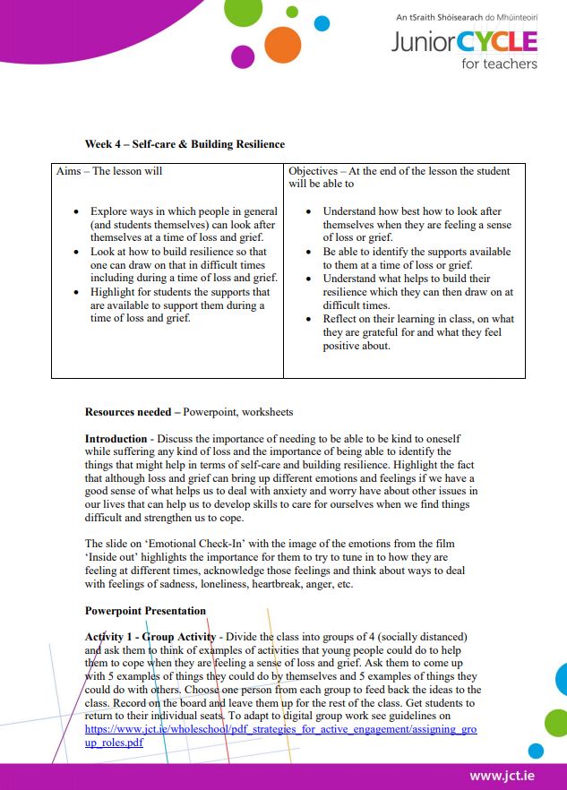 Week 4  Lesson Plan - Self-Care and Building Resilience
